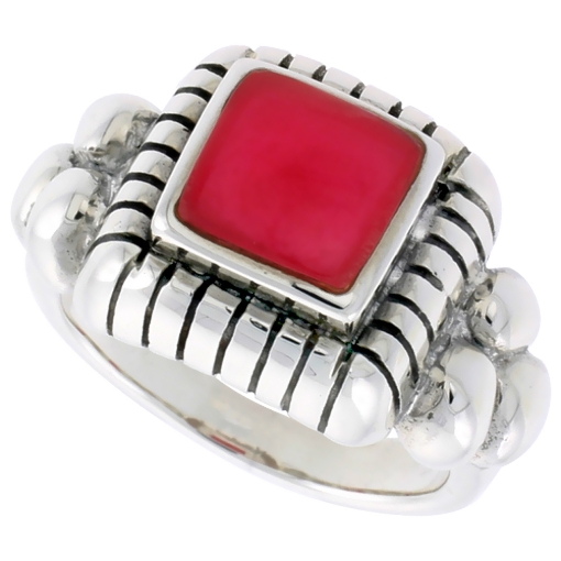 Picture of Sterling Silver Ring, w/ 8mm Square-shaped Red Resin, 1/2 inch (13 mm) wide