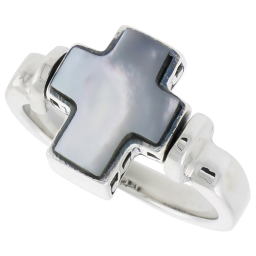 Picture of Sterling Silver Cross Ring w/ Mother of Pearl, 1/2 inch (12 mm) wide