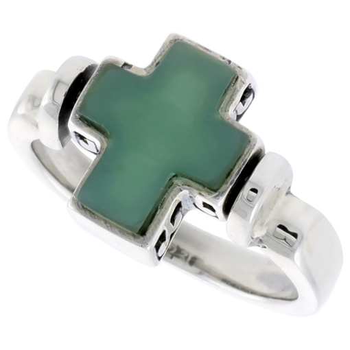 Picture of Sterling Silver Cross Ring w/ Green Resin, 1/2 inch (12 mm) wide