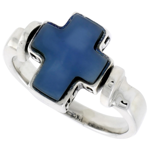 Picture of Sterling Silver Cross Ring w/ Blue Resin, 1/2 inch (12 mm) wide