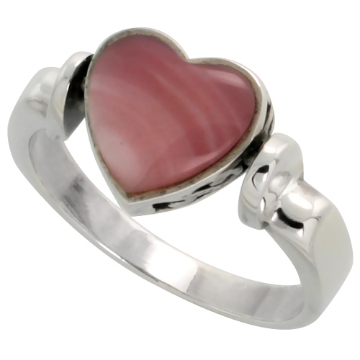 Picture of Sterling Silver Heart Ring w/ Pink Mother of Pearl, 3/8 inch (10 mm) wide