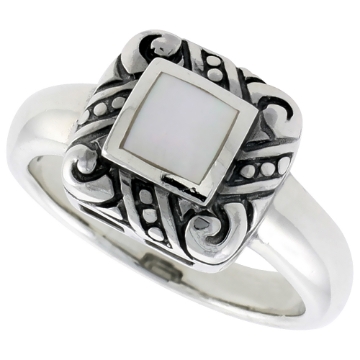 Picture of Sterling Silver Ring, w/ 6mm Square-shaped Mother of Pearl, 1/2 inch (11 mm) wide