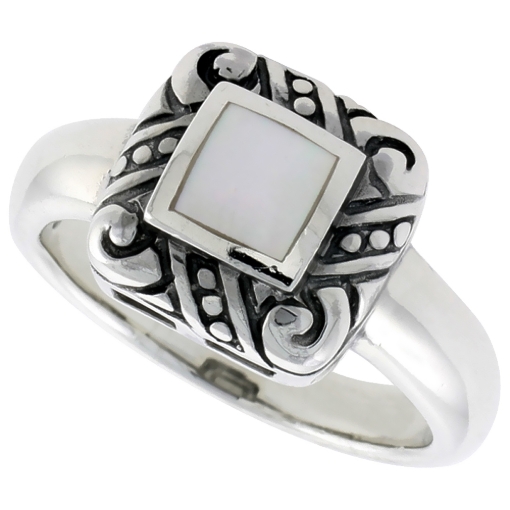 Picture of Sterling Silver Ring, w/ 6mm Square-shaped Mother of Pearl, 1/2 inch (11 mm) wide