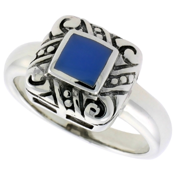 Picture of Sterling Silver Ring, w/ 6mm Square-shaped Blue Resin, 1/2 inch (11 mm) wide