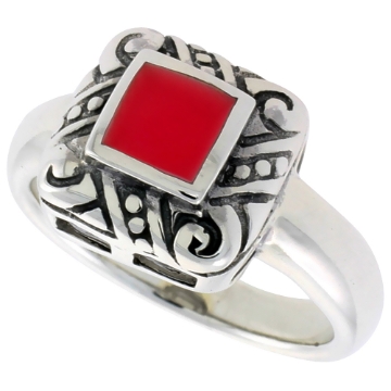 Picture of Sterling Silver Ring, w/ 6mm Square-shaped Red Resin, 1/2 inch (11 mm) wide
