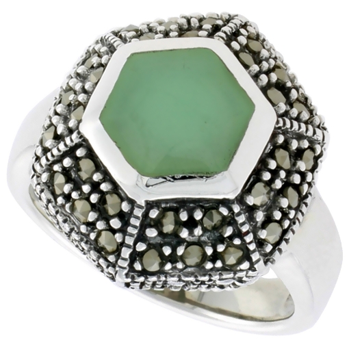Picture of Sterling Silver Marcasite Ring for Women Hexagon Asorted Colors Oxidized Antiqued 3/4 inch