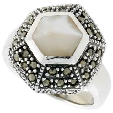 Picture of Sterling Silver Ring, w/ Hexagon-shaped Mother of Pearl, 3/4 inch (18 mm) wide