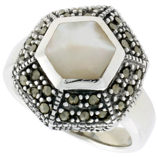 Picture of Sterling Silver Ring, w/ Hexagon-shaped Mother of Pearl, 3/4 inch (18 mm) wide