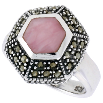 Picture of Sterling Silver Ring, w/ Hexagon-shaped Pink Mother of Pearl, 3/4 inch (18 mm) wide