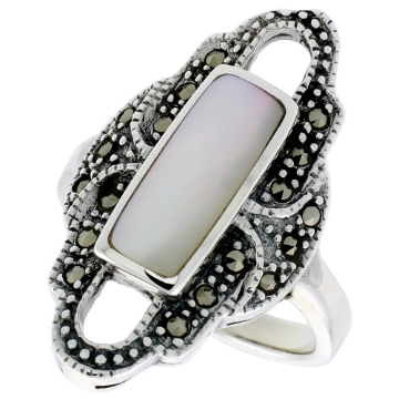 Picture of Sterling Silver Ring, w/ 14 x 6 mm Rectangular Mother of Pearl, 1 1/8 inch (29 mm) wide