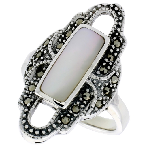 Picture of Sterling Silver Ring, w/ 14 x 6 mm Rectangular Mother of Pearl, 1 1/8 inch (29 mm) wide