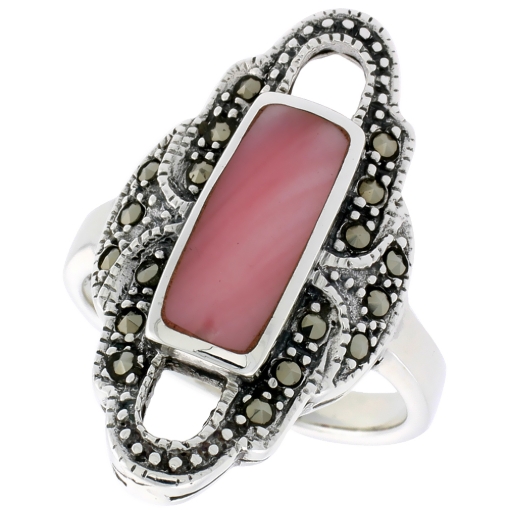 Picture of Sterling Silver Ring, w/ 14 x 6 mm Rectangular Pink Mother of Pearl, 1 1/8 inch (29 mm) wide