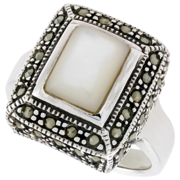Picture of Sterling Silver Ring, w/ 10 x 8 mm Rectangular Mother of Pearl, 3/4 inch (17 mm) wide