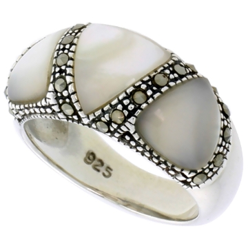 Picture of Sterling Silver Marcasite Ring for Women 3 Triangular Asorted Colors Oxidized Antiqued 3/8 inch