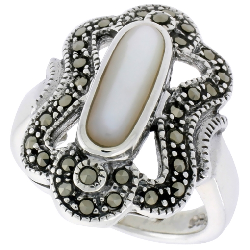 Picture of Sterling Silver Marcasite Ring for Women 12x5 Oval Asorted Colors Oxidized Antiqued 7/8 inch