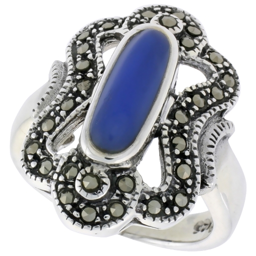 Picture of Sterling Silver Ring, w/ 12 x 5 Oval-shaped Blue Resin, 7/8 inch (23 mm) wide