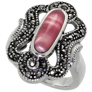 Picture of Sterling Silver Ring, w/ 12 x 5 Oval-shaped Pink Mother of Pearl, 7/8 inch (23 mm) wide