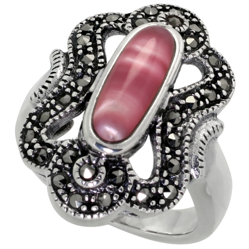 Picture of Sterling Silver Ring, w/ 12 x 5 Oval-shaped Pink Mother of Pearl, 7/8 inch (23 mm) wide