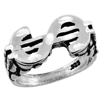 Picture of Oxidized Small Sterling Silver Sideways Dollar Sign Ring for Men Nugget Texture Cut-outs 8 - 13