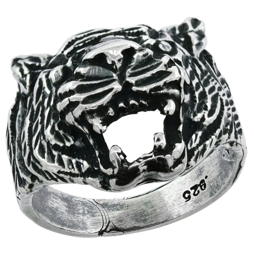 Picture of Sterling Silver Tiger Head Ring for Men Oxidized 3/4 inch wide sizes 8 - 13