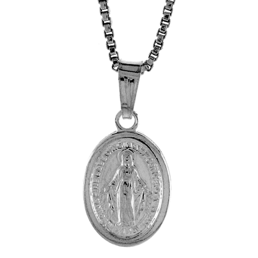Picture of Sterling Silver Miraculous Medal Necklace Oval Virgin Mary Hollow Italy 1/2 inch