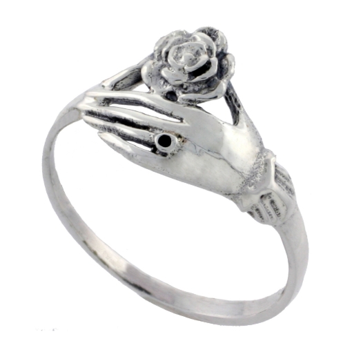 Picture of Sterling Silver Hand Holding Flower Ring 7/16 inch wide sizes 6 - 10