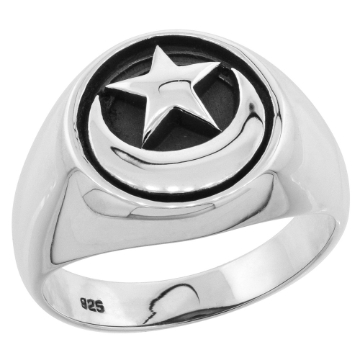 Picture of 2 Sizes Sterling Silver Crescent Moon and Star Ring for Men and Women Flawless Finish sizes 6 - 13