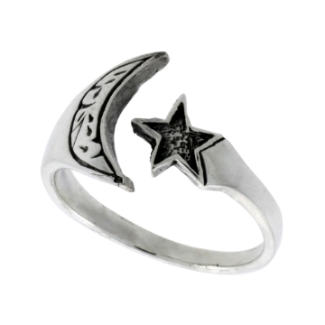 Picture of Sterling Silver Crescent Moon & Star Ring for Women 1/2 inch wide sizes 6 - 10