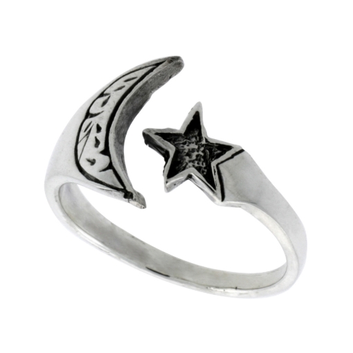 Picture of Sterling Silver Crescent Moon & Star Ring for Women 1/2 inch wide sizes 6 - 10