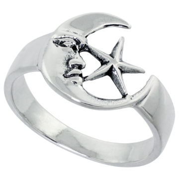 Picture of Sterling Silver Moon & Star Ring for Women 1/2 inch wide sizes 6 - 10