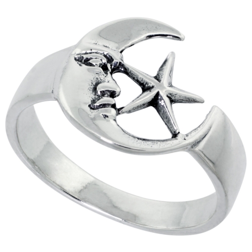 Picture of Sterling Silver Moon & Star Ring for Women 1/2 inch wide sizes 6 - 10