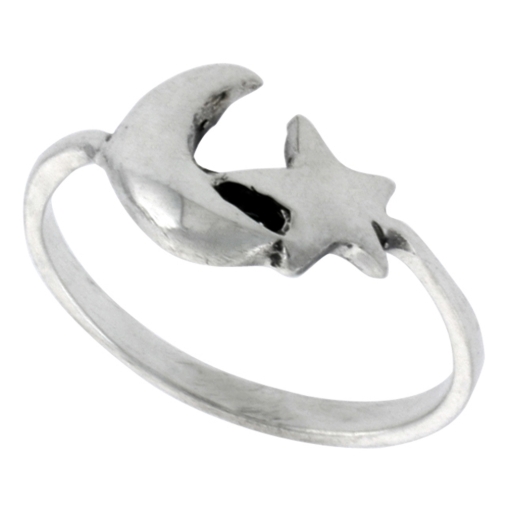 Picture of Sterling Silver Crescent Moon & Star Ring for Women 3/8 inch wide sizes 6 - 10