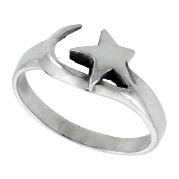 Picture of Sterling Silver Crescent Moon & Star Ring for Women 5/16 inch wide sizes 6 - 10