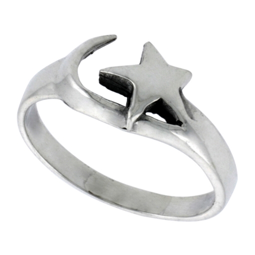 Picture of Sterling Silver Crescent Moon & Star Ring for Women 5/16 inch wide sizes 6 - 10