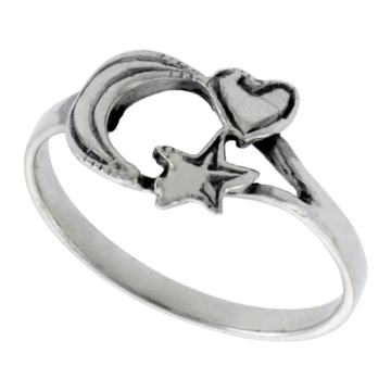 Picture of Sterling Silver Heart Moon & Star Ring for Women 7/16 inch wide sizes 6 - 10