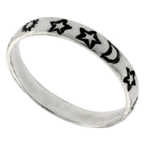 Picture of Sterling Silver Stackable Moon & Stars Ring for Women Celestial Motif 1/8 inch sizes 6 - 10