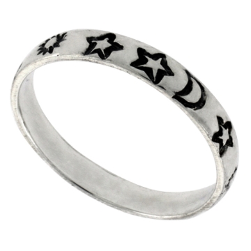 Picture of Sterling Silver Stackable Moon & Stars Ring for Women Celestial Motif 1/8 inch sizes 6 - 10
