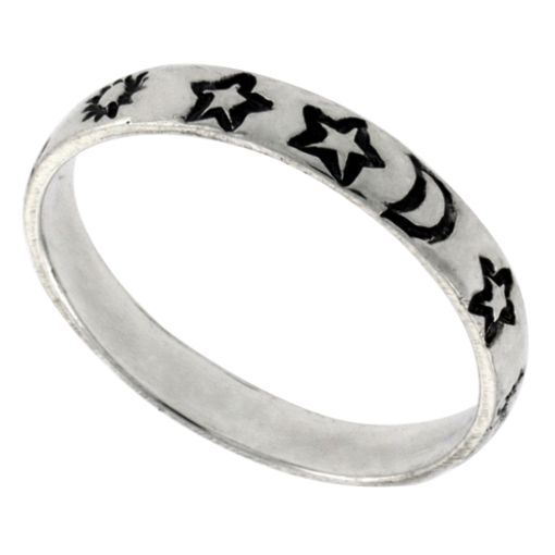 Picture of Sterling Silver Stackable Moon & Stars Ring for Women Celestial Motif 1/8 inch sizes 6 - 10
