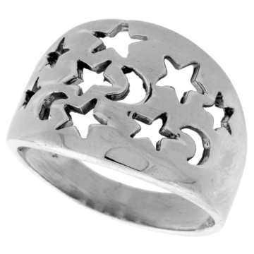 Picture of Sterling Silver Moons & Stars Cigar Band Ring for Women 5/8 inch wide sizes 6 - 10