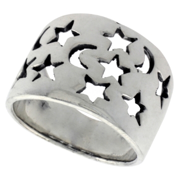 Picture of Sterling Silver Moons & Stars Cigar Band Ring for Women flat 5/8 inch wide sizes 6 - 10