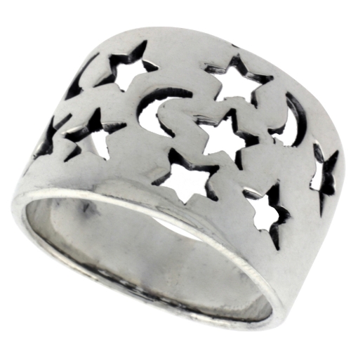 Picture of Sterling Silver Moons & Stars Cigar Band Ring for Women flat 5/8 inch wide sizes 6 - 10