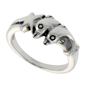 Picture of Sterling Silver Dolphins with Star Ring for Women 1/4 inch wide sizes 6 - 10