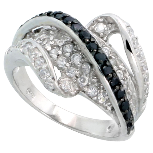 Picture of Sterling Silver Black CZ Wave Ring for Women 9/16 inch wide