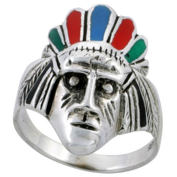 Picture of Sterling Silver Multi Color Indian Chief Head Ring 1 inch sizes