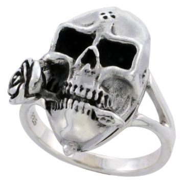 Picture of Sterling Silver Skull with Rose Poison Ring 1 inch sizes 6 - 10