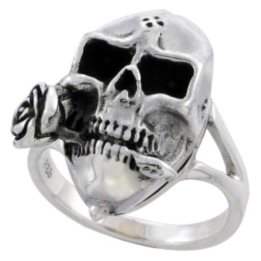 Picture of Sterling Silver Skull with Rose Poison Ring 1 inch sizes 6 - 10