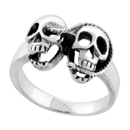 Picture of Sterling Silver Snake with 2 Skulls Ring 7/16 inch wide sizes 6 to 12