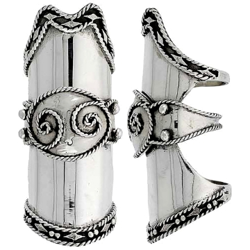 Picture of 2 3/8 inch long Sterling Silver Finger Armor Ring C Scroll Center Twisted Rope Trim