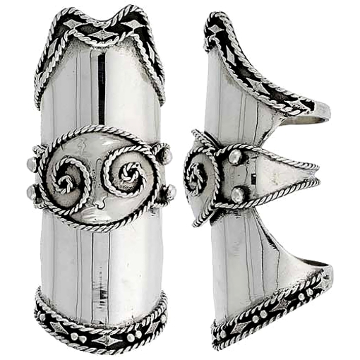 Picture of 2 3/8 inch long Sterling Silver Finger Armor Ring C Scroll Center Twisted Rope Trim