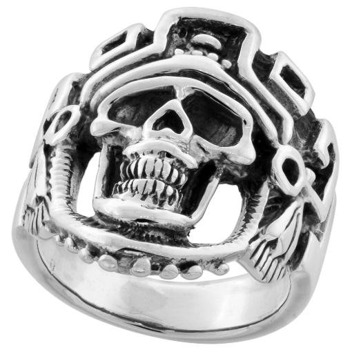 Picture of Sterling Silver Aztec King Skull Ring 1 inch wide sizes 8 to 14